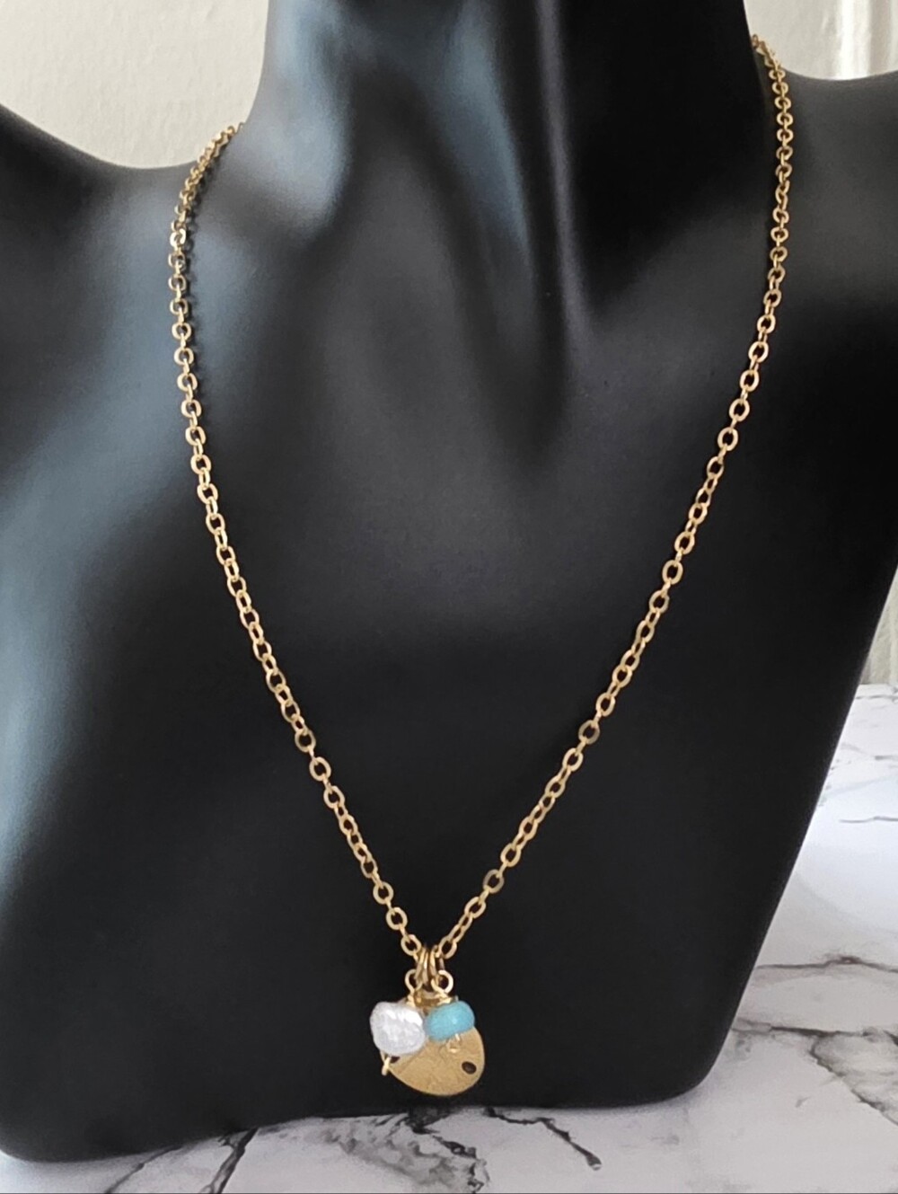 24 K Gold Plated Chain Necklace with White Pearl and Turquoise Charm